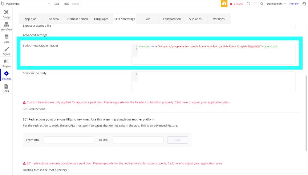Illustration screenshot for Add the Progressier script to your Bubble app