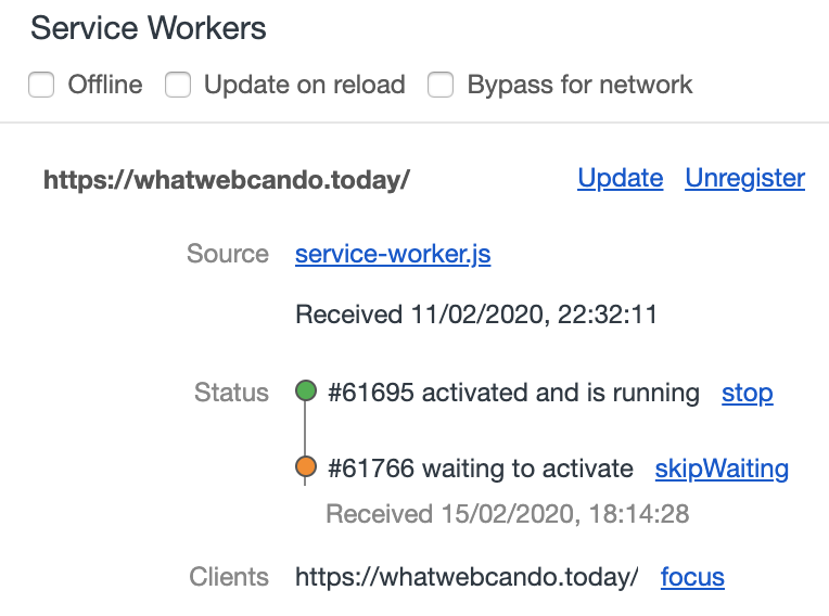 Chrome Dev Tools - Application - Service Worker tab and its useful controls